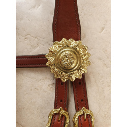 spanische Rosette für Stirnriemen Motiv: Sonner, Farbe gold oder silber, dargestellt am Zaum