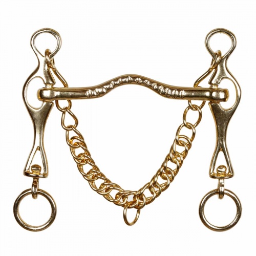 Portugiesische Kandare, gold mit beweglichen Anzügen, 12,5cm, 13,5cm & 14,5cm, abgebildet mit Kinnkette, freigestellt