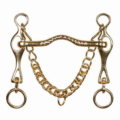 Portugiesische Kandare, gold mit beweglichen Anzügen, 12,5cm, 13,5cm & 14,5cm, abgebildet mit Kinnkette, freigestellt