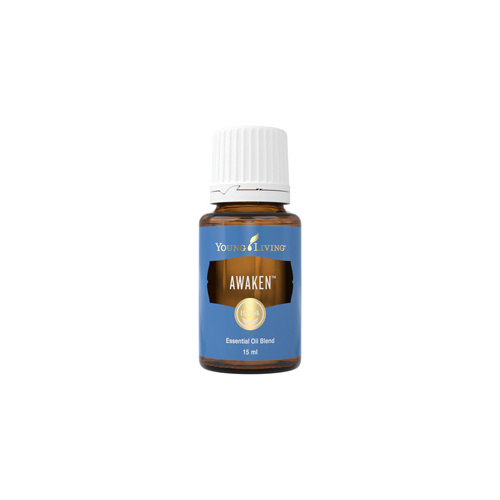 Ätherisches Öl Awaken von Young Living, Braunglasflasche mit Etikett, freigestellt vor weissem Hintergrund Ätherisches Öl Awaken von Young Living, Braunglasflasche mit Etikett, freigestellt vor weissem Hintergrund