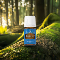 Ätherisches Öl Trauma Life von Young Living, 100 % naturrein in Braunglasflasche mit Tropfer, in der Natur mit Moos und Wald