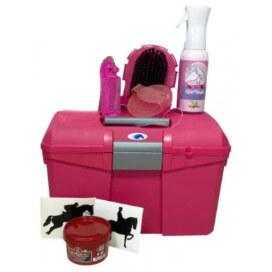 Putzkoffer in der Farbe Rosa bzw. Himbeere, harmonisch präsentiert mit dem Inhalt, freigestellt