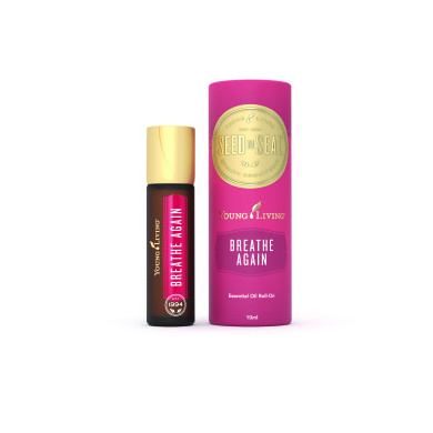 Ätherisches Öl Breathe Again Roll-On mit Verpackung von Young Living, freigestellt vor weissem Hintergrund