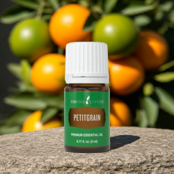 Ätherisches Öl Petitgrain von Young Living, 5ml Braunglasflasche mit Etikett und Tropfer, dargestellt vor Zitrusfrüchten