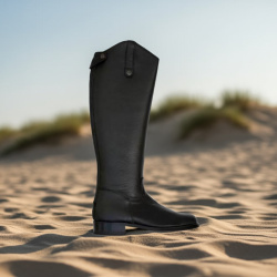 Spanischer Reitstiefel Hochschaft Gran Derby mit Hirschlederfutter, rückseitiger RV, Seitansicht, im Sand