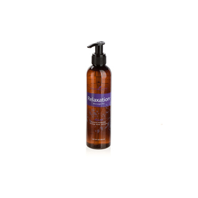 Relaxation Massage-Öl- von Young Living, 236ml Flasche mit Etikett und Pumpverschluss, freigestellt auf Weiß