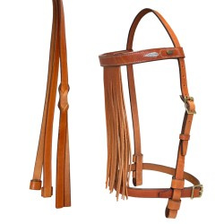 Zaum Randonnée, Stirnband mit  Fransen, bestes, weiches  Zaumleder natur, Breite 16mm &18mm, mit Zügeln, freigestellt