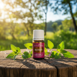 Ätherisches Öl Mastrante von Young Living, Flasche mit Tropfverschluss und Etikett, dargestellt in der Natur