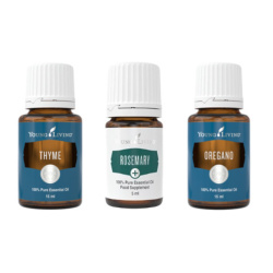 Ätherische Öle Oregano, Thymian und Rosmarin von Young Living, 3 je 5ml Braunglasflaschen mit Etikett, freigestellt Ätherische Öle Oregano, Thymian und Rosmarin von Young Living, 3 je 5ml Braunglasflaschen mit Etikett, freigestellt