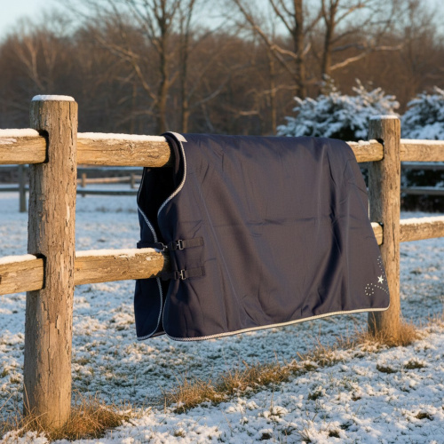 Abschwitzdecke Fleece, mit original Shetan Fashion- Applikation, Motiv 1, dargestellt auf einem Zaum