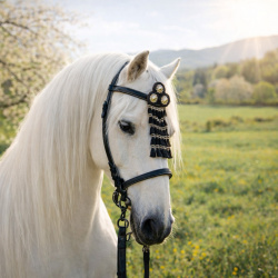 Zaum Vaquero mit Mosquero, dargestellt an einem Schimmel in der Landschaft